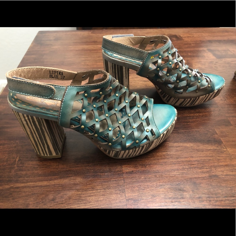 Spring Step L’artiste Blue Sandal Heel Sz 7